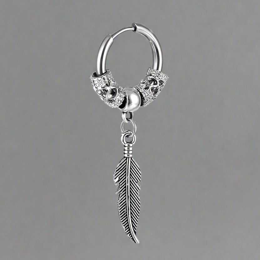 Silver Steam Punk Hoop Earrings with Feather Charm