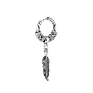 Silver Steam Punk Hoop Earrings with Feather Charm