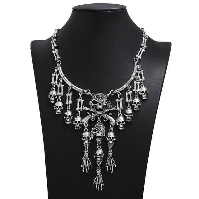 Silver Gothic Pirate Skull Charm Necklace