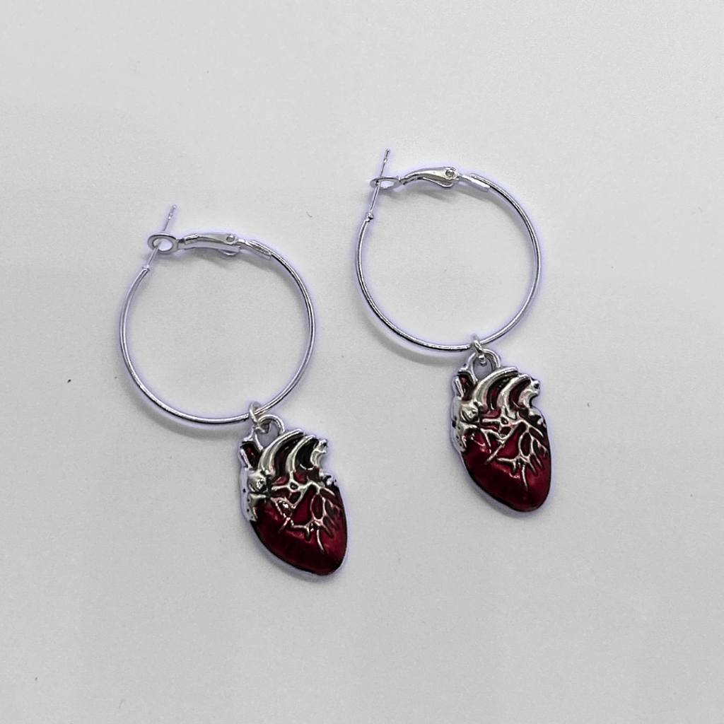 Silver and Red Anatomical Heart Charm Hoop Earrings