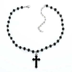 Silver Gothic Beaded Cross Charm Necklace