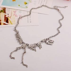 Large Silver Gothic Dinosaur Skeleton Bib Necklace