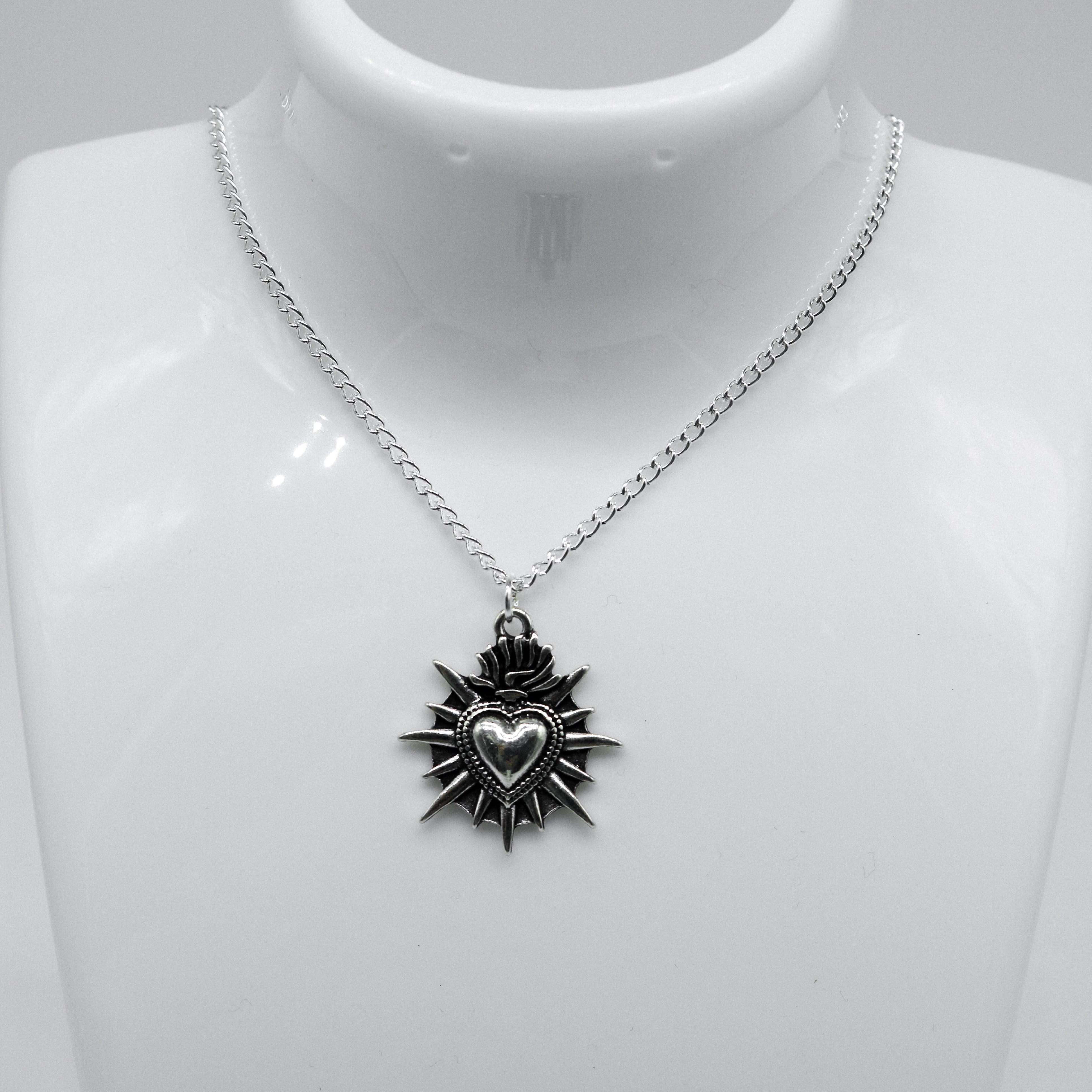 Silver Sacred Flaming Heart Charm Necklace