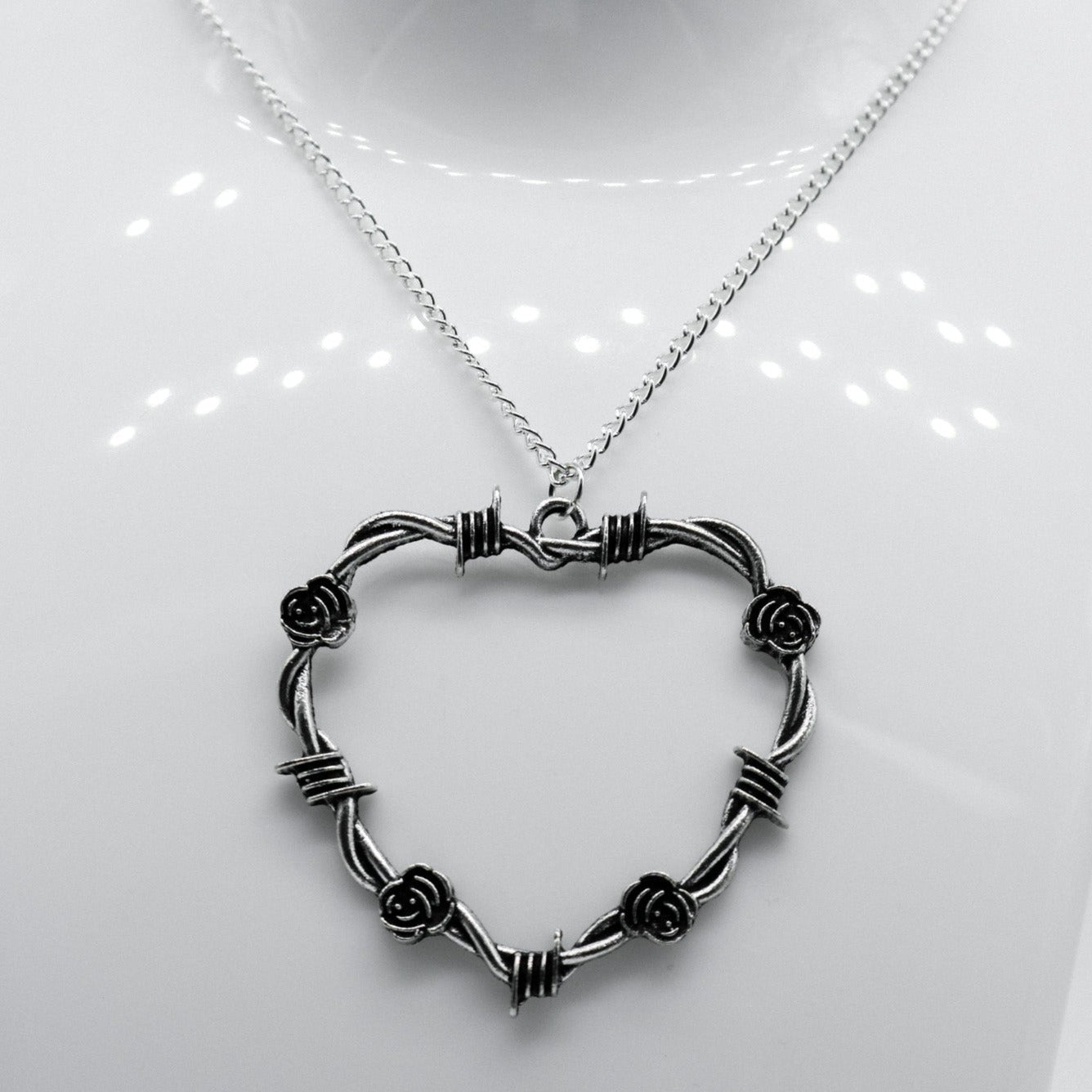 Silver Large Barbed Wire Rose Heart Charm Necklace