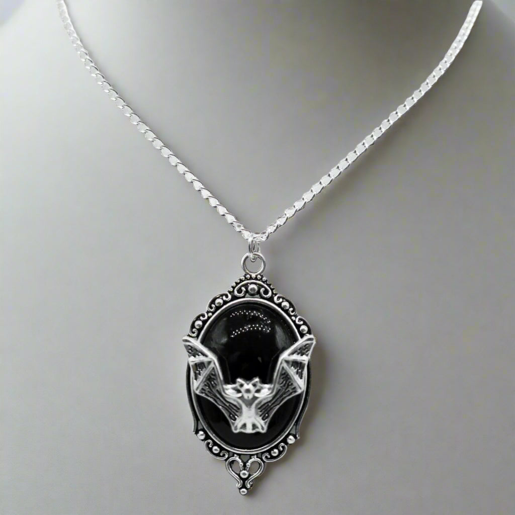 Silver Gothic Black Vampire Bat Framed Charm Necklace