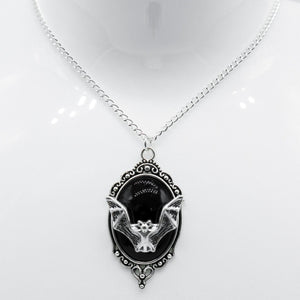 Silver Gothic Black Vampire Bat Framed Charm Necklace