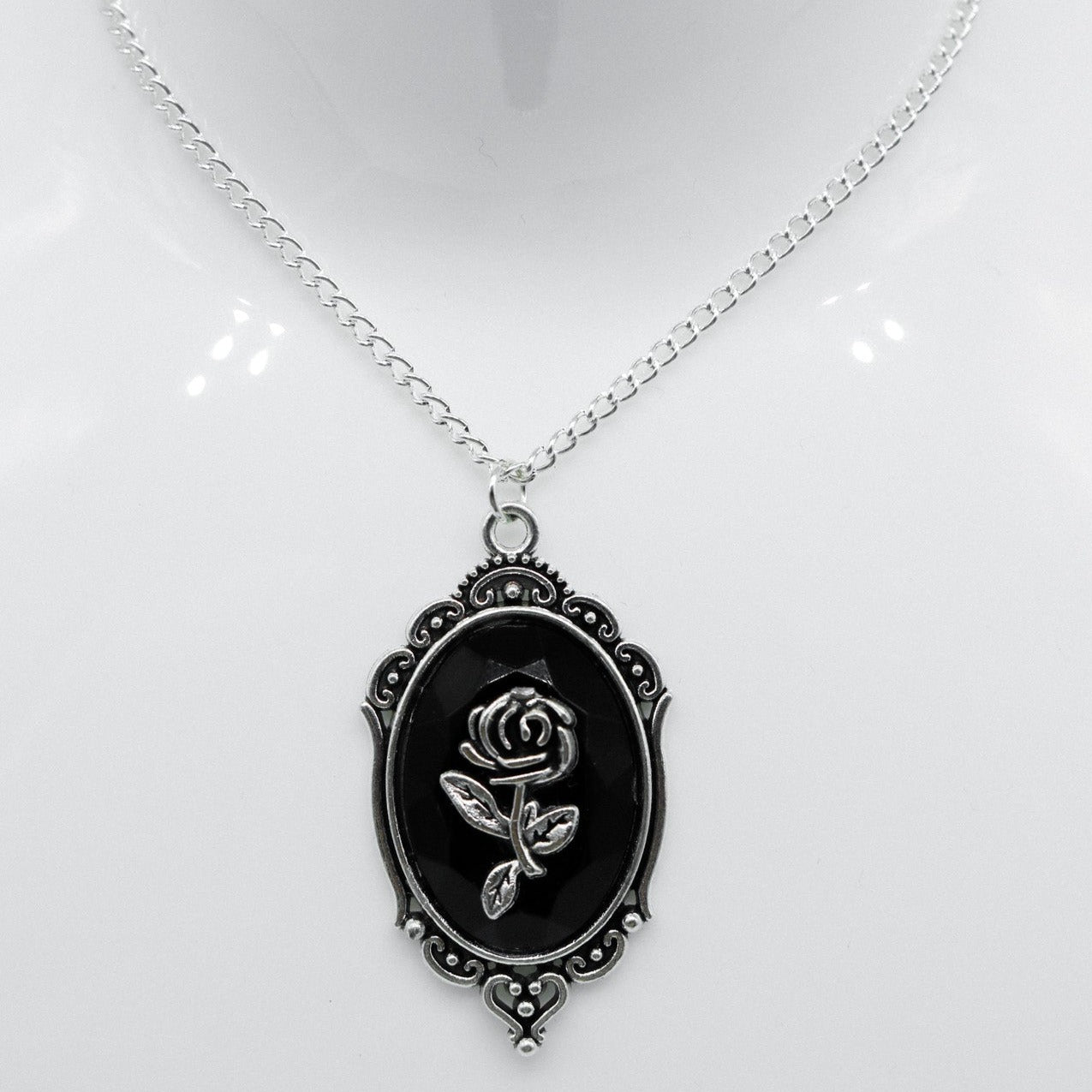 Silver Gothic Black Rose Frame Charm Necklace