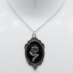 Silver Gothic Black Rose Frame Charm Necklace