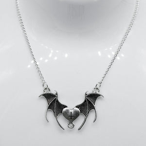 Silver Batwing Heart Charm Necklace