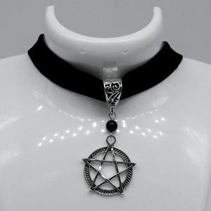 Gothic Black Velvet Silver Pentagram Charm Choker Necklace