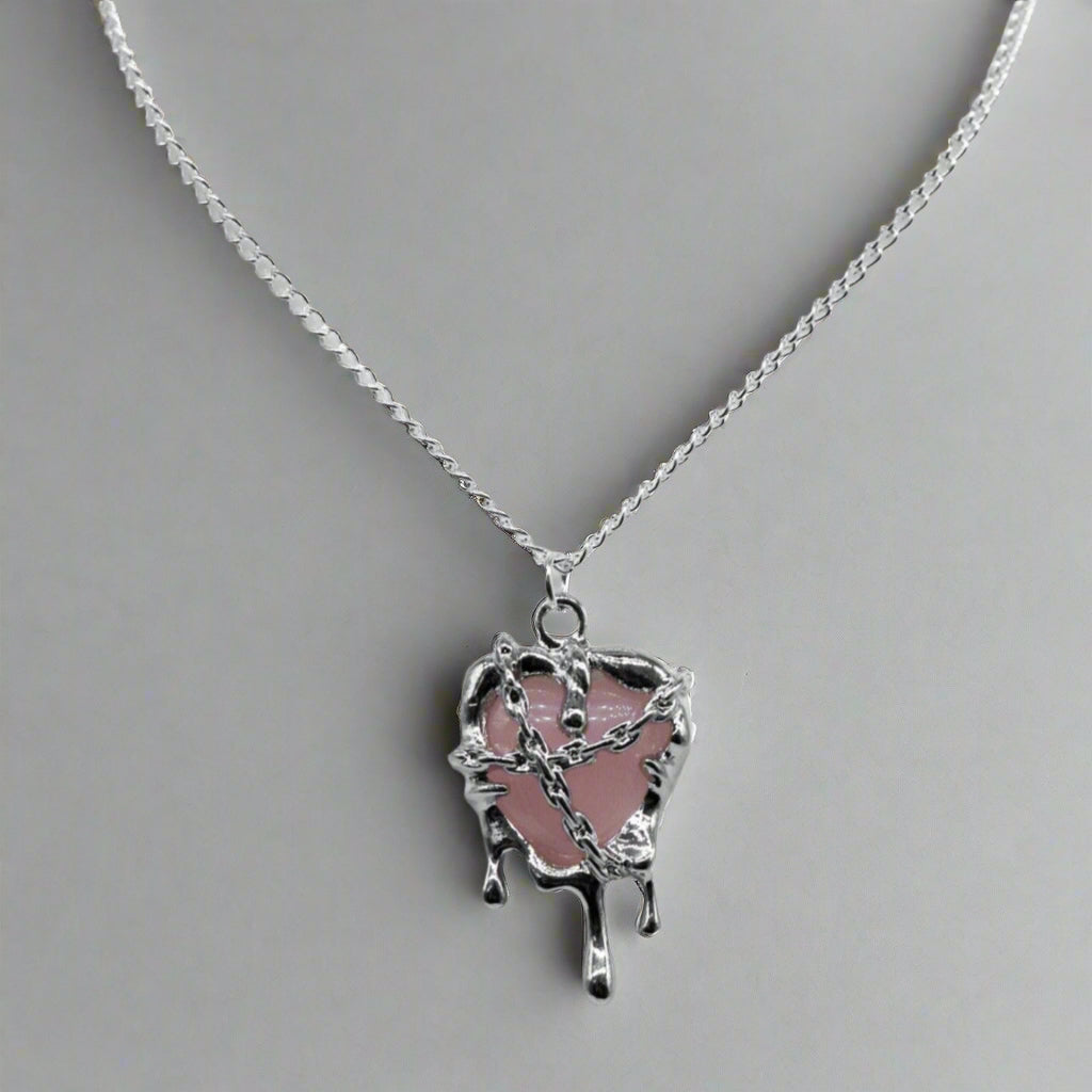 Silver Pink Resin Melting Heart Charm Necklace