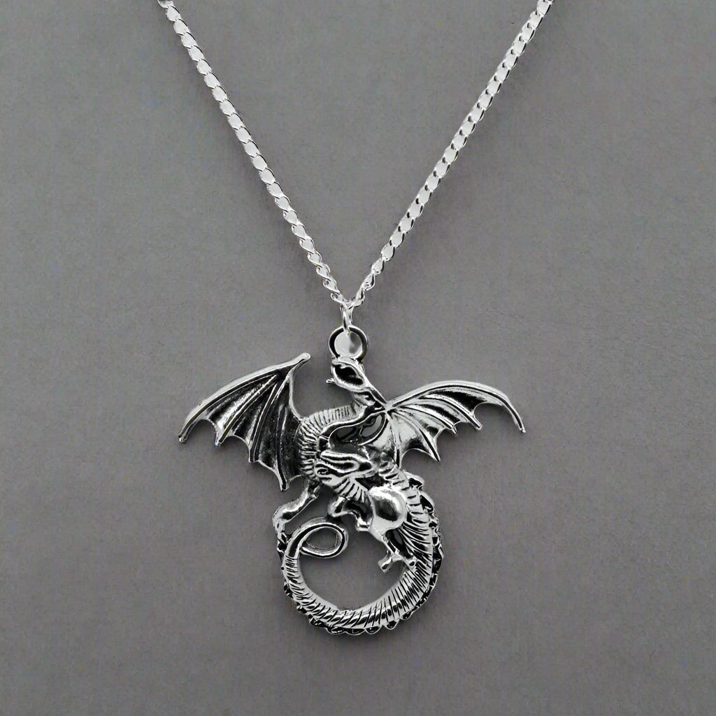 Large Silver Gothic Dragon Charm Necklace