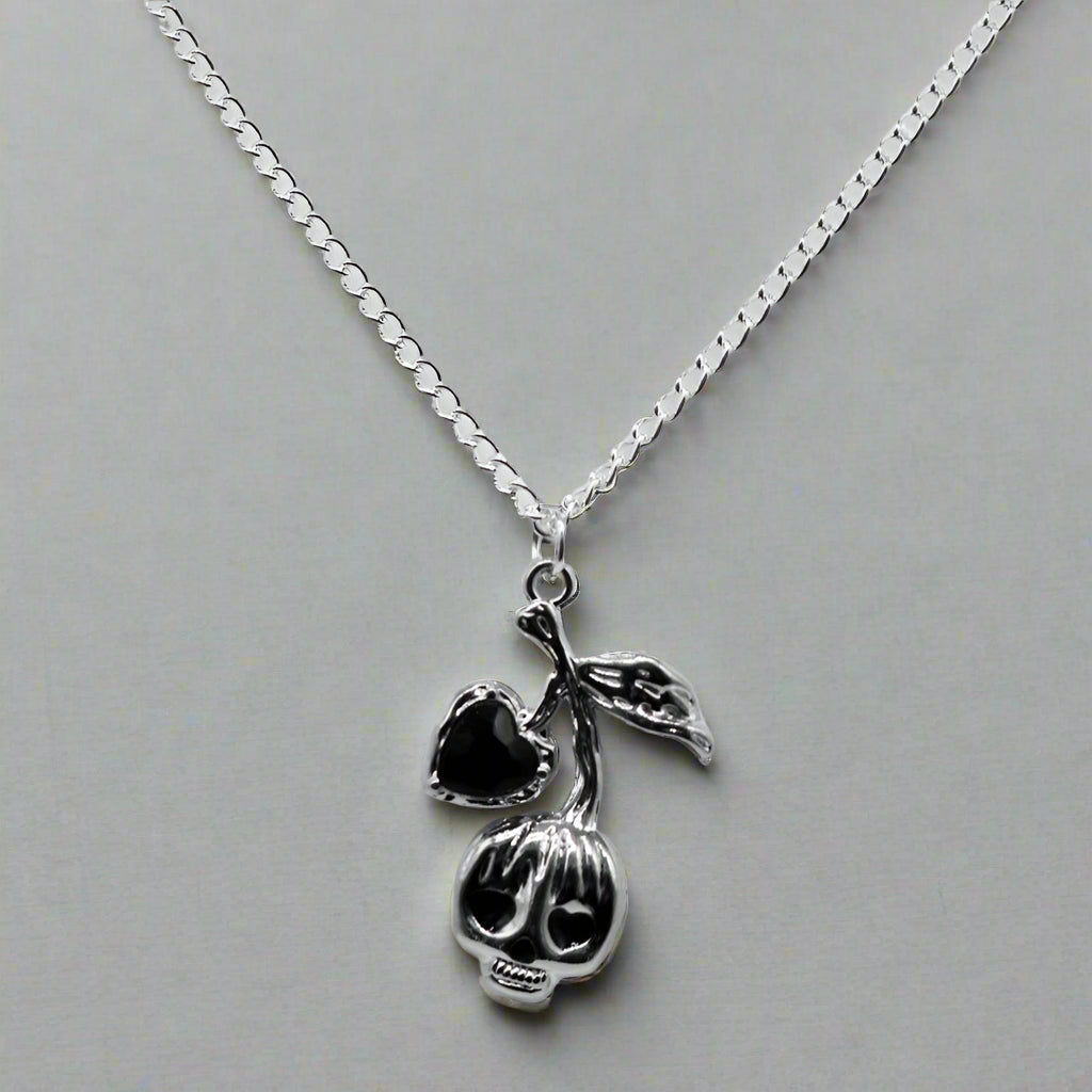 Silver Cherry Skull with Black Stones Charm Necklace