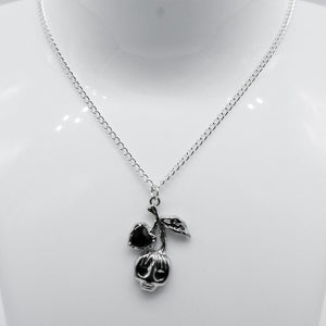 Silver Cherry Skull with Black Stones Charm Necklace