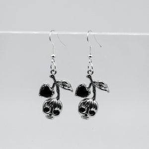 Silver Cherry Skull with Black Stones Charm Earrings