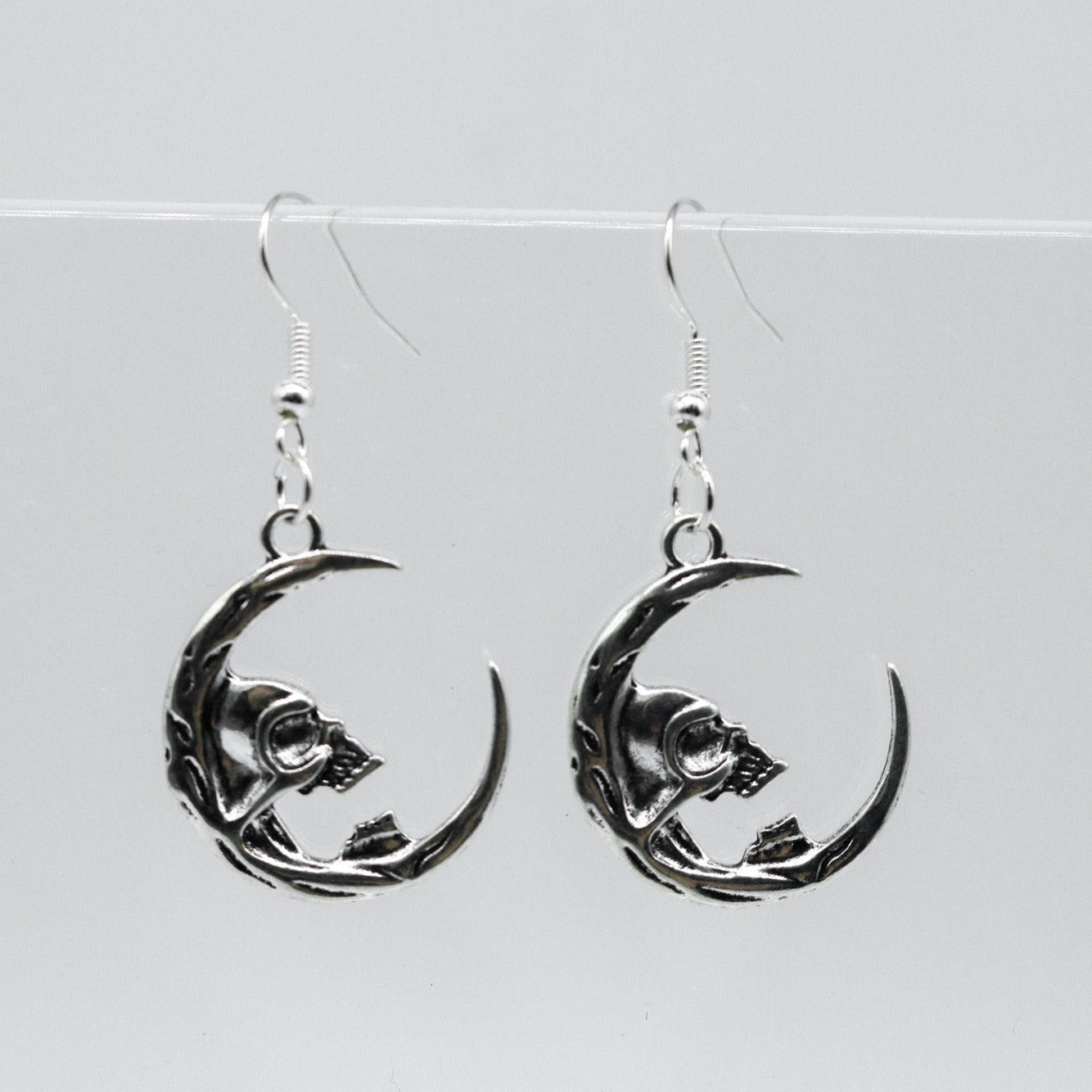 Silver Gothic Moon Skull Charm Earrings