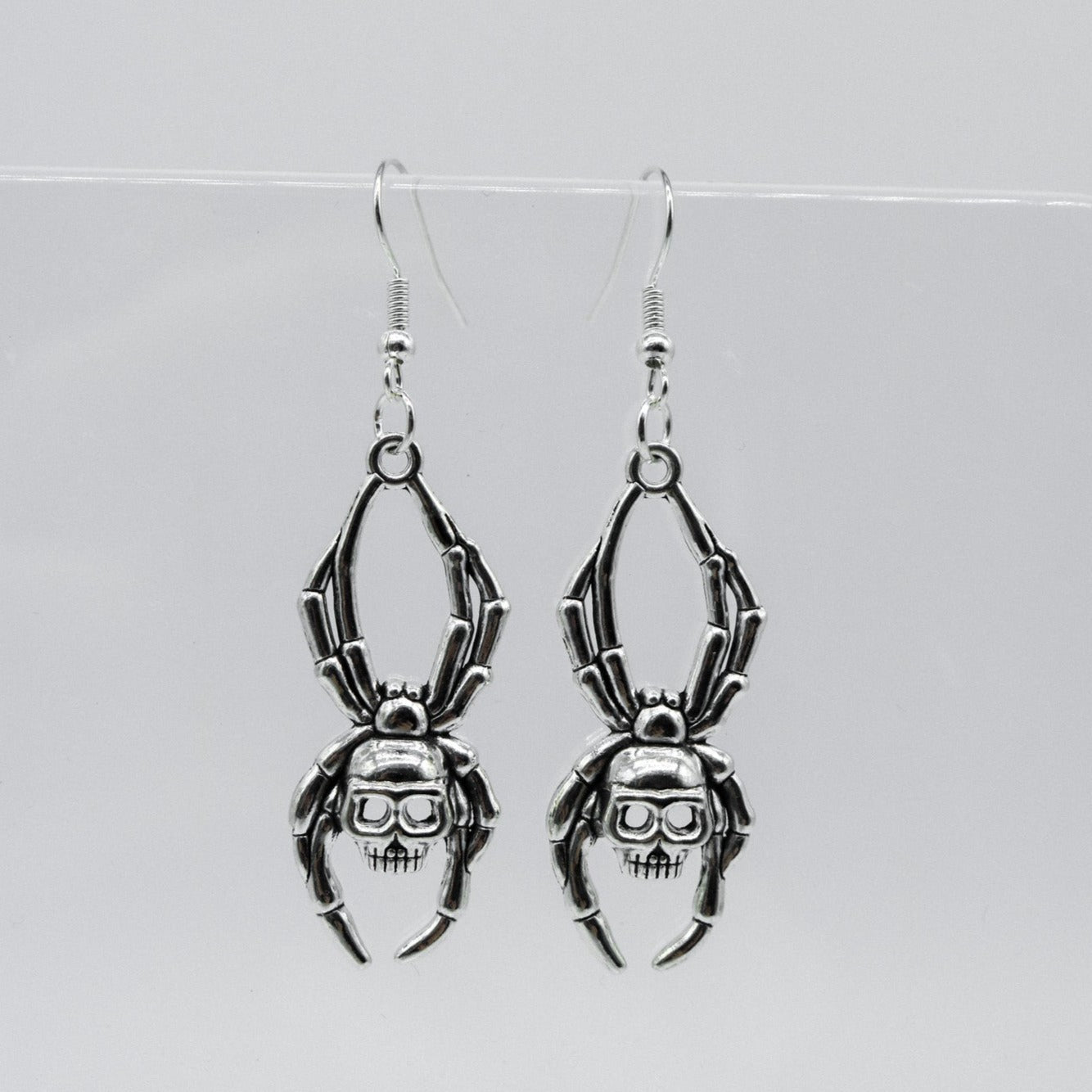 Silver Gothic Spider Skull Charm Earrings