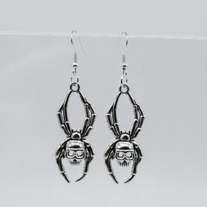Silver Gothic Spider Skull Charm Earrings