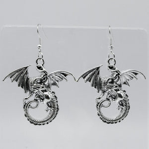 Large Silver Gothic Dragon Charm Earrings
