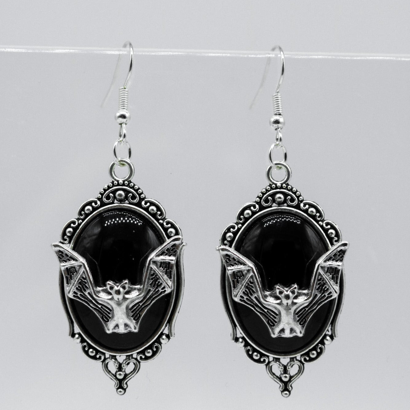 Large Silver Gothic Bat Frame Charm Earrings