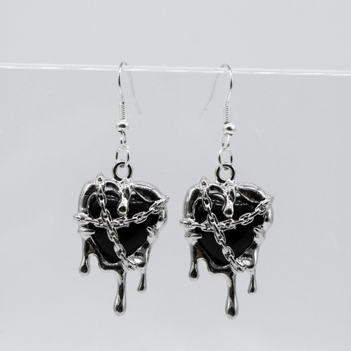 Silver Black Resin Melting Heart Charm Earrings
