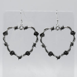Silver Barbed Wire Rose Heart Charm Earrings