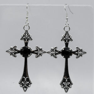 Large Silver Gothic Cross with Black Gemstone Charm Earrings