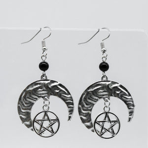 Silver Gothic Moon Pentagram Charm Earrings