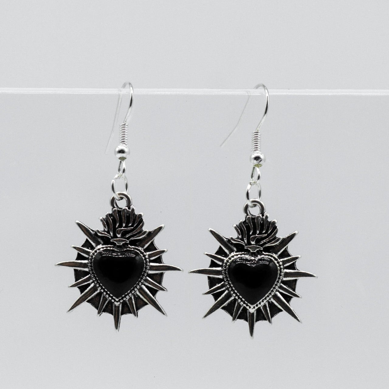 Silver Sacred Flaming Black Heart Charm Earrings