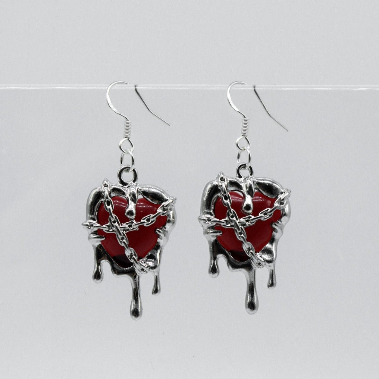 Silver Red Resin Melting Heart Charm Earrings