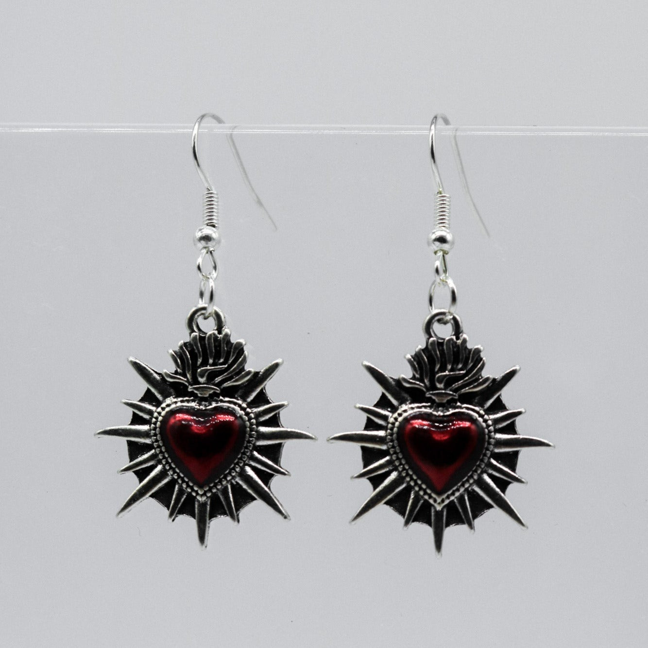 Silver Sacred Flaming Red Heart Charm Earrings