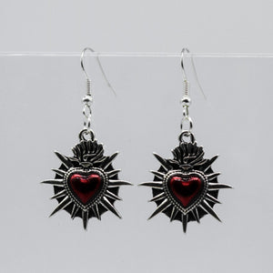 Silver Sacred Flaming Red Heart Charm Earrings