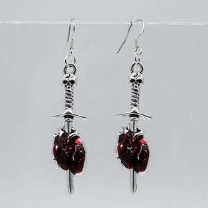 Silver and Red Anatomical Heart with Sword Charm Earrings