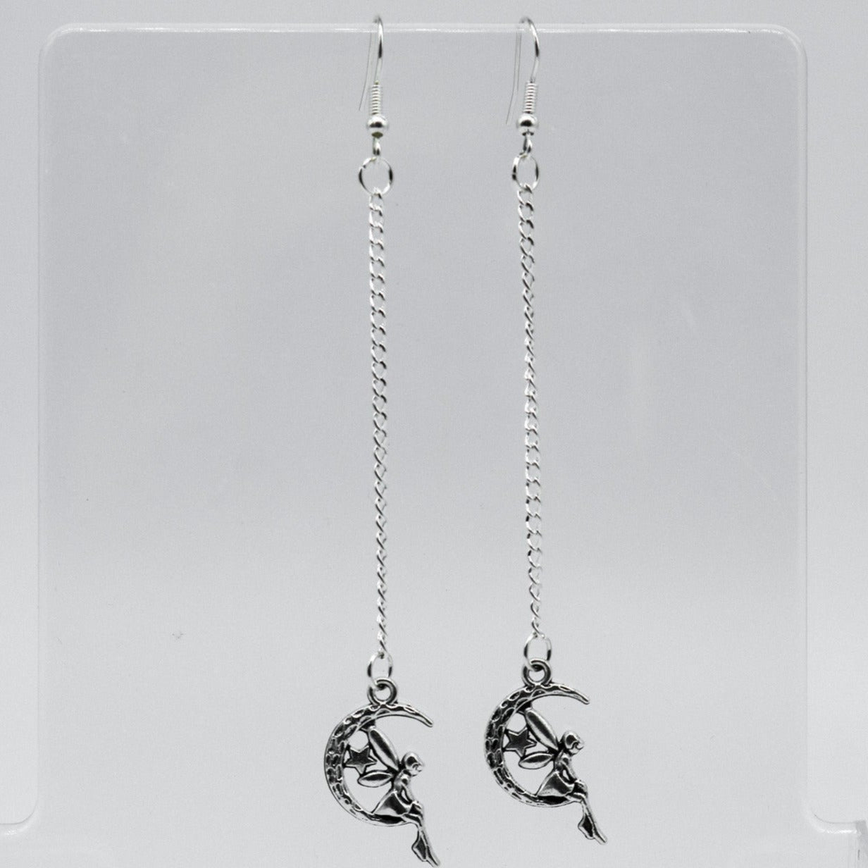 Silver Fairy Angel Moon Chain Charm Earrings
