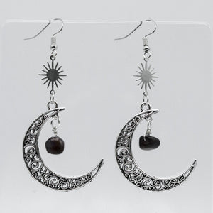 Silver Amethyst Crescent Moon & Sun Charm Earrings