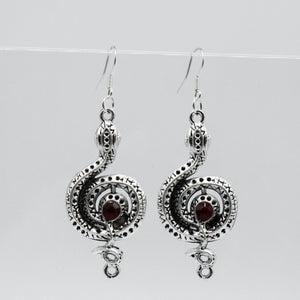 Silver Gothic Python Snake with Red Stone Charm Earrings