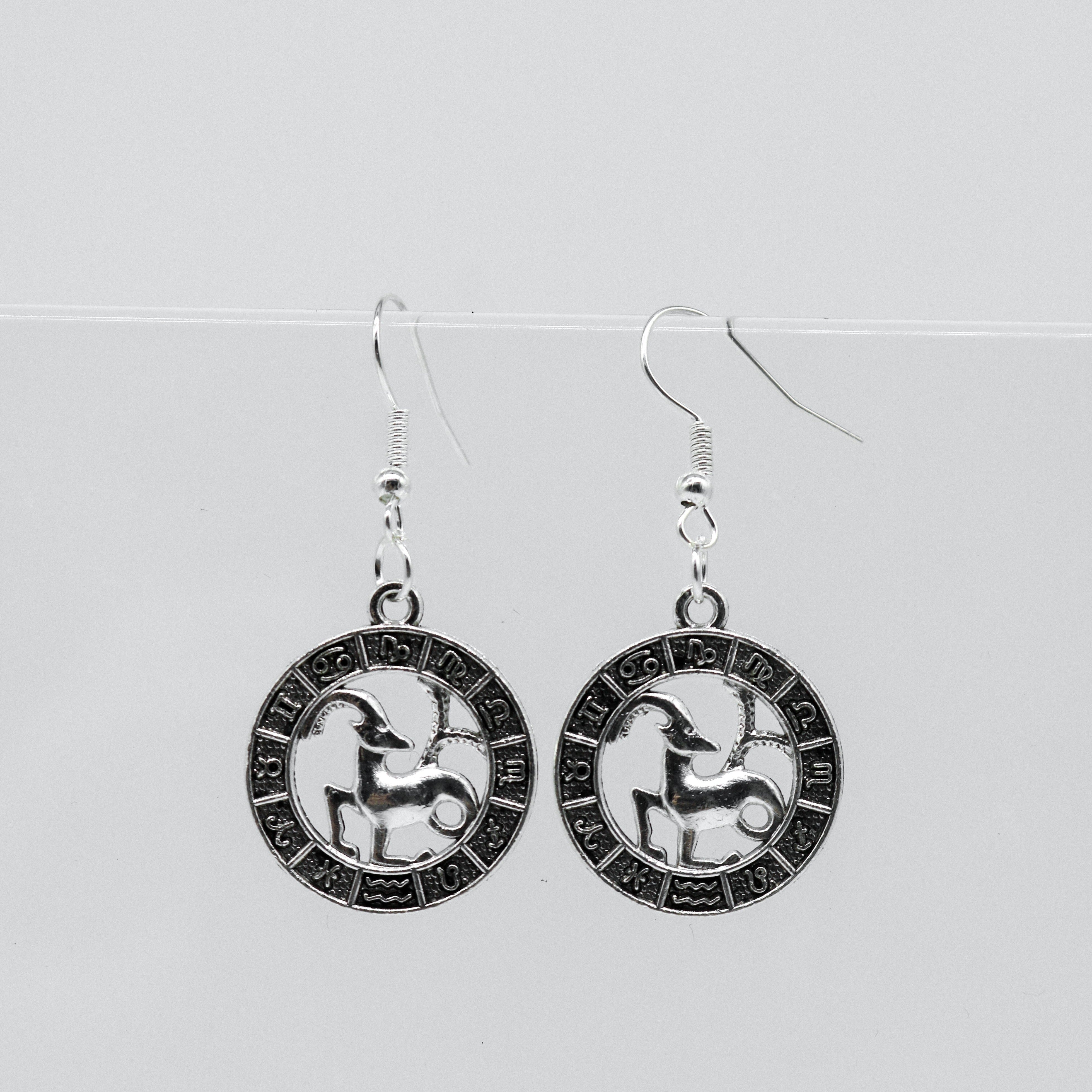 Silver Earrings With Zodiac Symbol Coin Charm