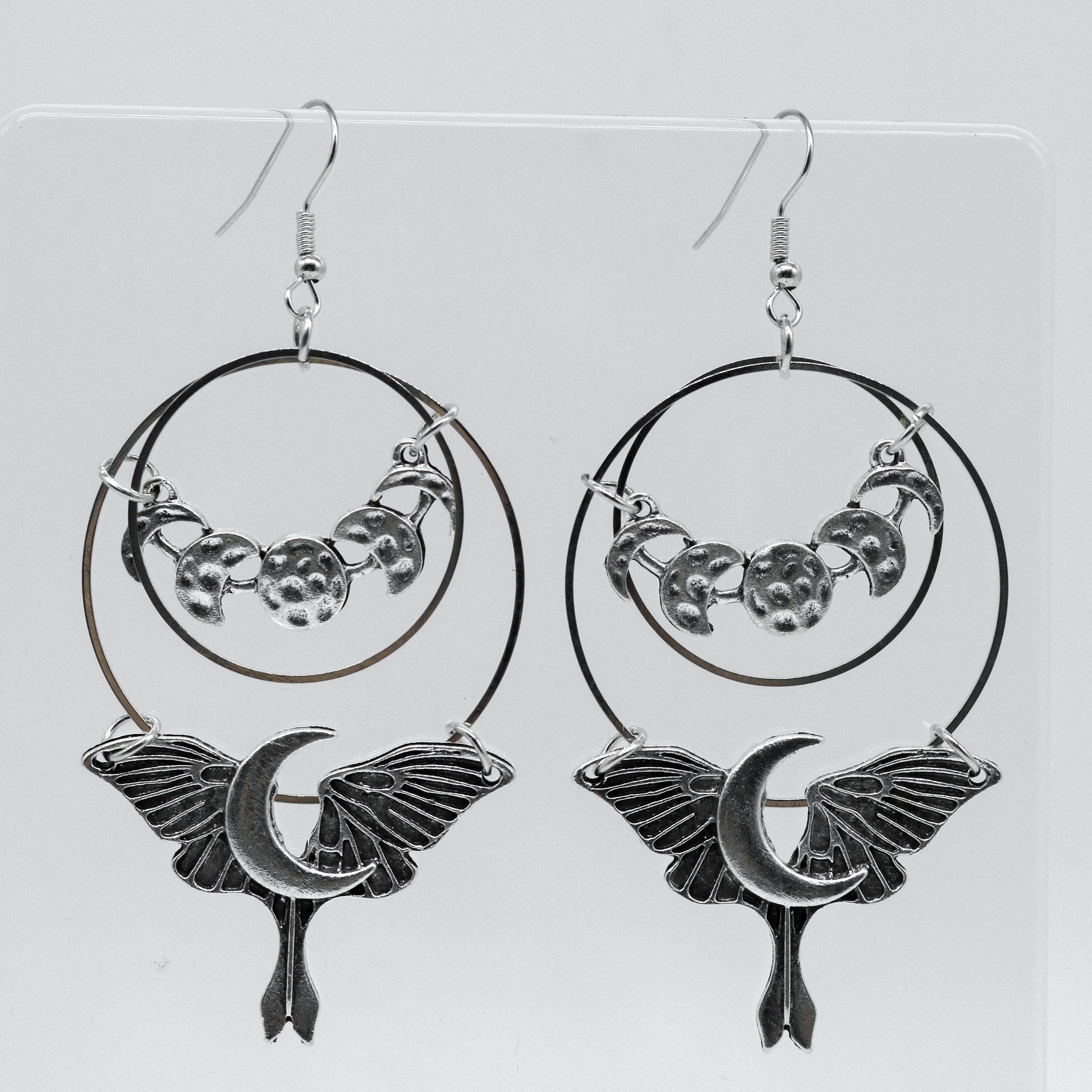 Large Silver Moon Wings Double Hoop Earrings