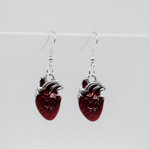 Silver and Red Anatomical Heart Charm Earrings