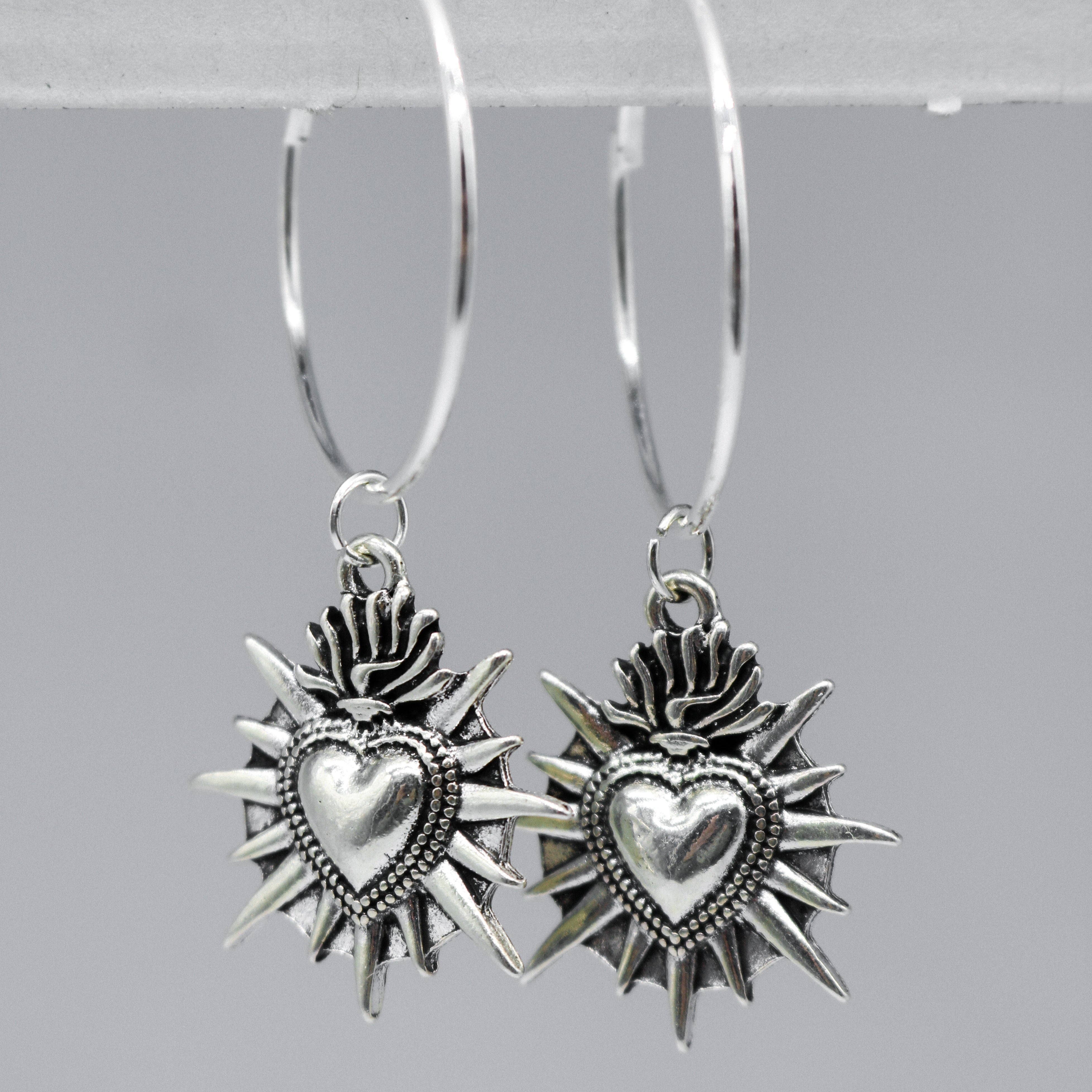 Silver Sacred Flaming Heart Charm Hoop Earrings