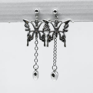 Silver Butterfly Heart Chain Drop Charm Earrings