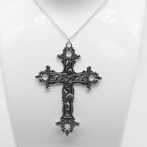 Large Silver Gothic Cross Charm Necklace