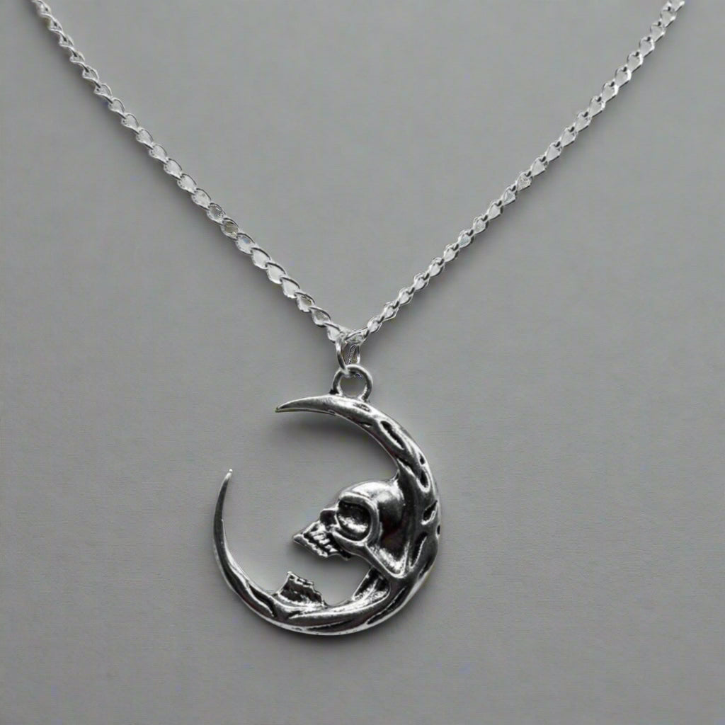 Silver Gothic Moon Skull Charm Necklace