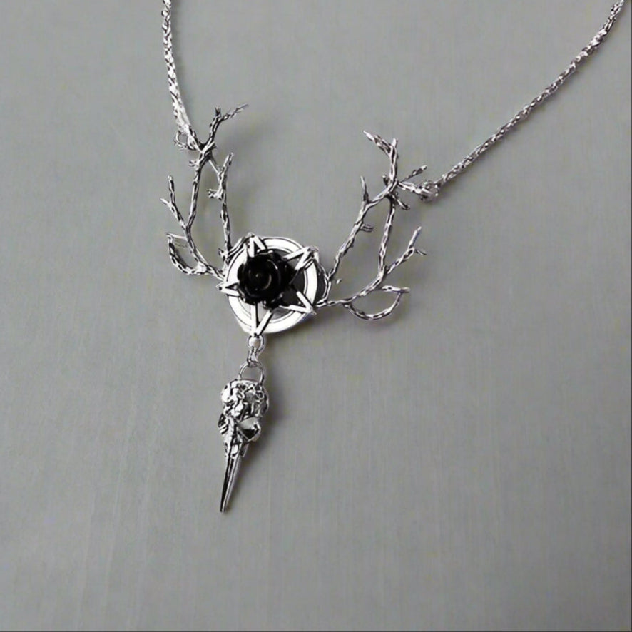 Black Rose Branches Raven Skull Silver Necklace