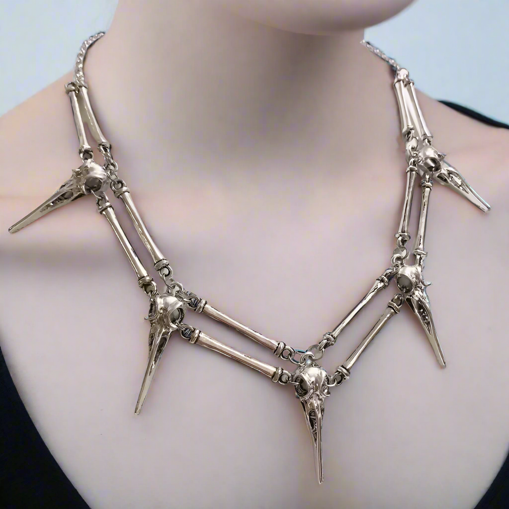 Large Silver Gothic Raven Multi Row Necklace