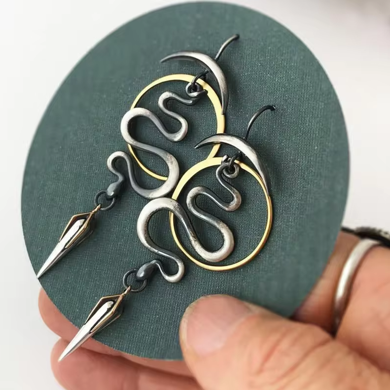 Large Silver Gothic Snake Circle Hoop Earrings