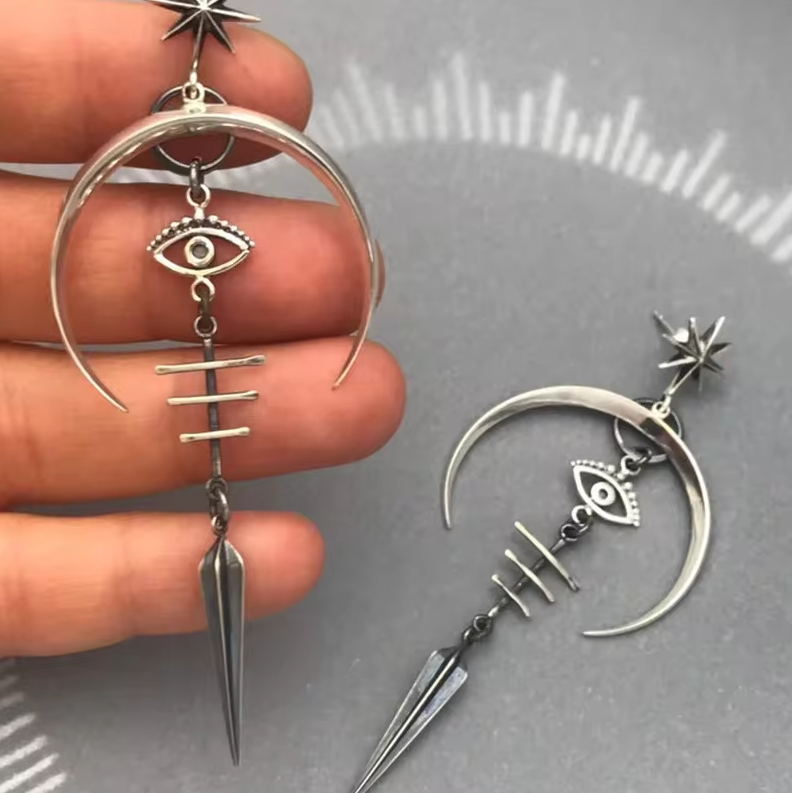 Large Silver Gothic Evil Eye Circle Hoop Earrings