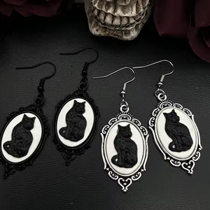 Large Silver Gothic Black Cat Frame Charm Earrings