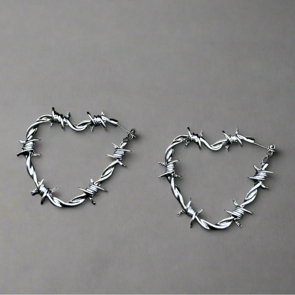 Silver Gothic Barbed Wire Hoop Earrings