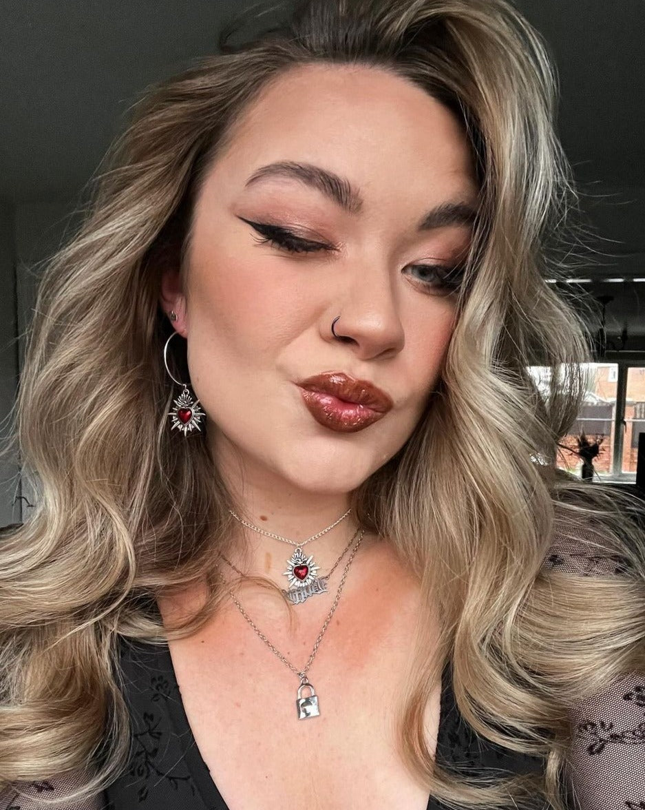 Silver Sacred Flaming Red Heart Charm Hoop Earrings